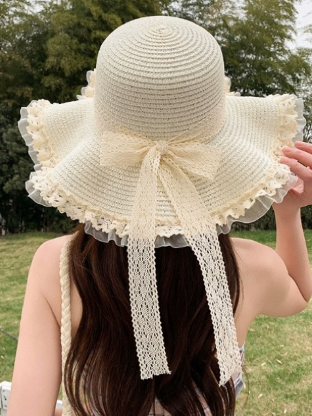 Women's Cream Lace Trim Sun Hat with Bow